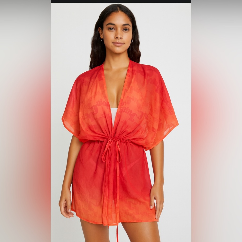Juicy Couture Ombre Red Orange Sheer Tie-Front Beach Cover-Up Kimono one size